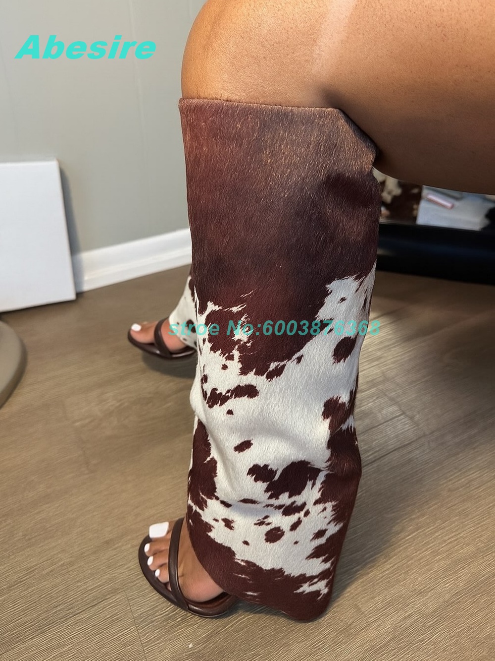 Women Shoes Boots - Koeienprint patchwork suède sandalen met open