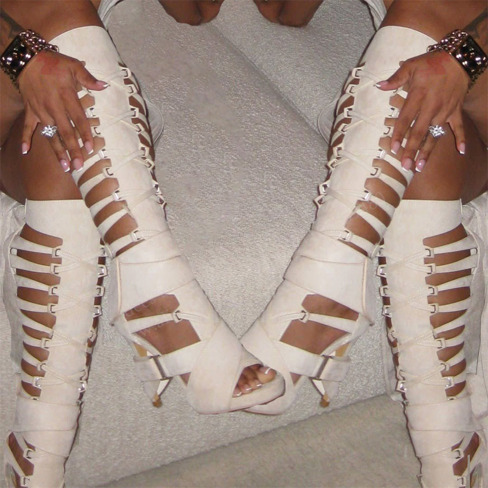 Women Shoes Boots - Gladiator Hollow Belt Buckle Kniehoge Laars